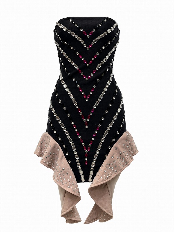 【新品DRESS 2013】カラフルビジューバイカラーフリルアシンメトリータイトミニドレス ブラック